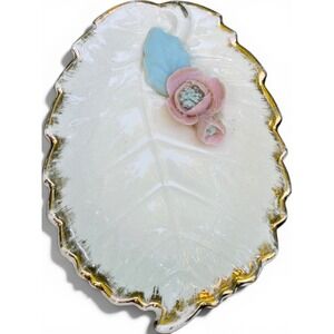 1940s Porcelain Trinket Dishes (2) Gold Cream Raised Roses Leaf Shape Home Gift